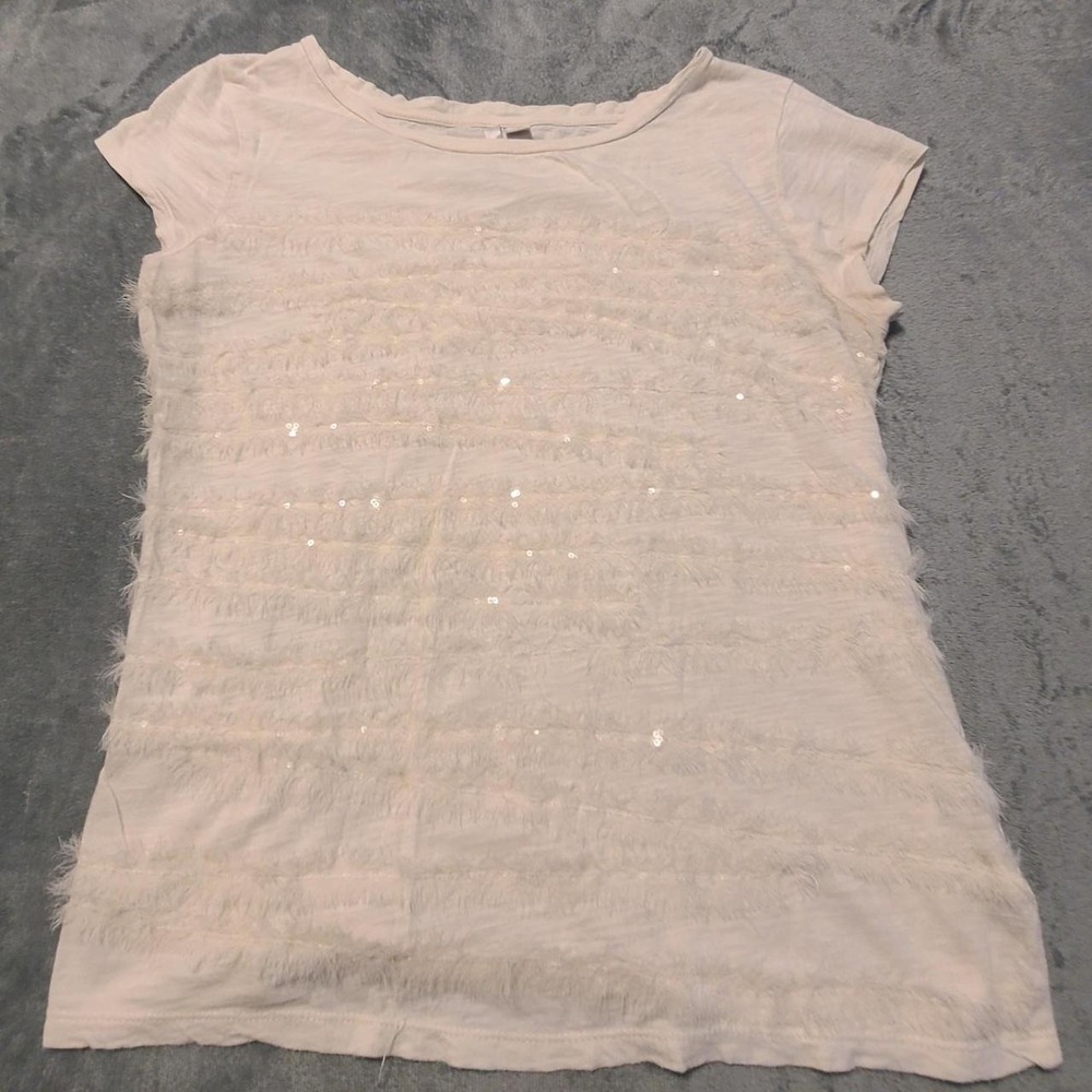 LC Lauren Conrad Women Cream Eyelash Fringe Sequin Short Sleeve Top Large